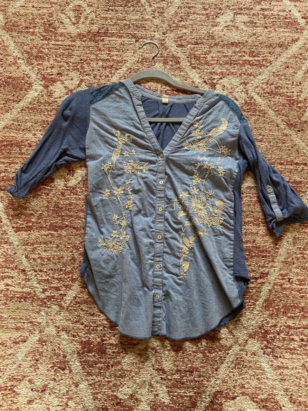 Anthropologie Blue Button-Front V-Neck Top with Cream Embroidery